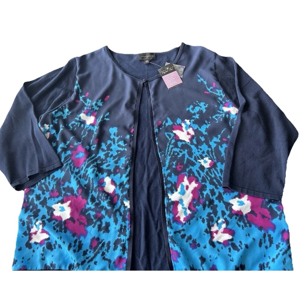 New Investments Cardigan Sweater Top 2XL Neck Button 3/4 Sleeve Blue Lightweight